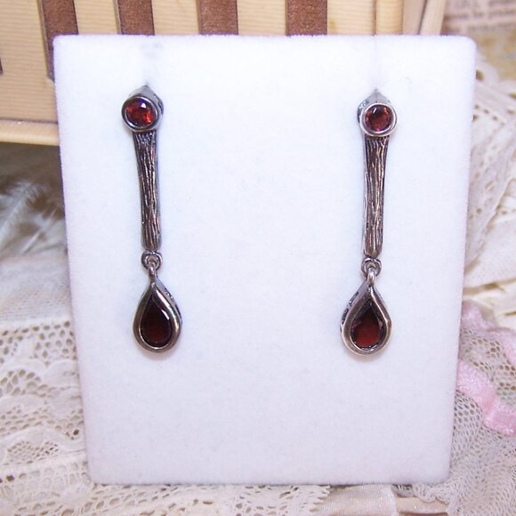 Vintage Sterling Silver Garnet Dangle Earrings - Posts with Nuts - Picture 4 of 9
